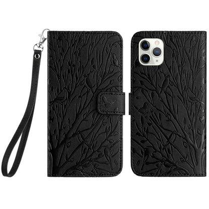 iPhone 11 Pro Embossed Leather Phone Case with Tree Birds Pattern, Hand Strap, Card Holder & Adjustable Stand - Shockproof Wallet Cover