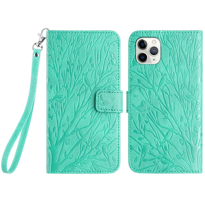 iPhone 11 Pro Embossed Leather Phone Case with Tree Birds Pattern, Hand Strap, Card Holder & Adjustable Stand - Shockproof Wallet Cover