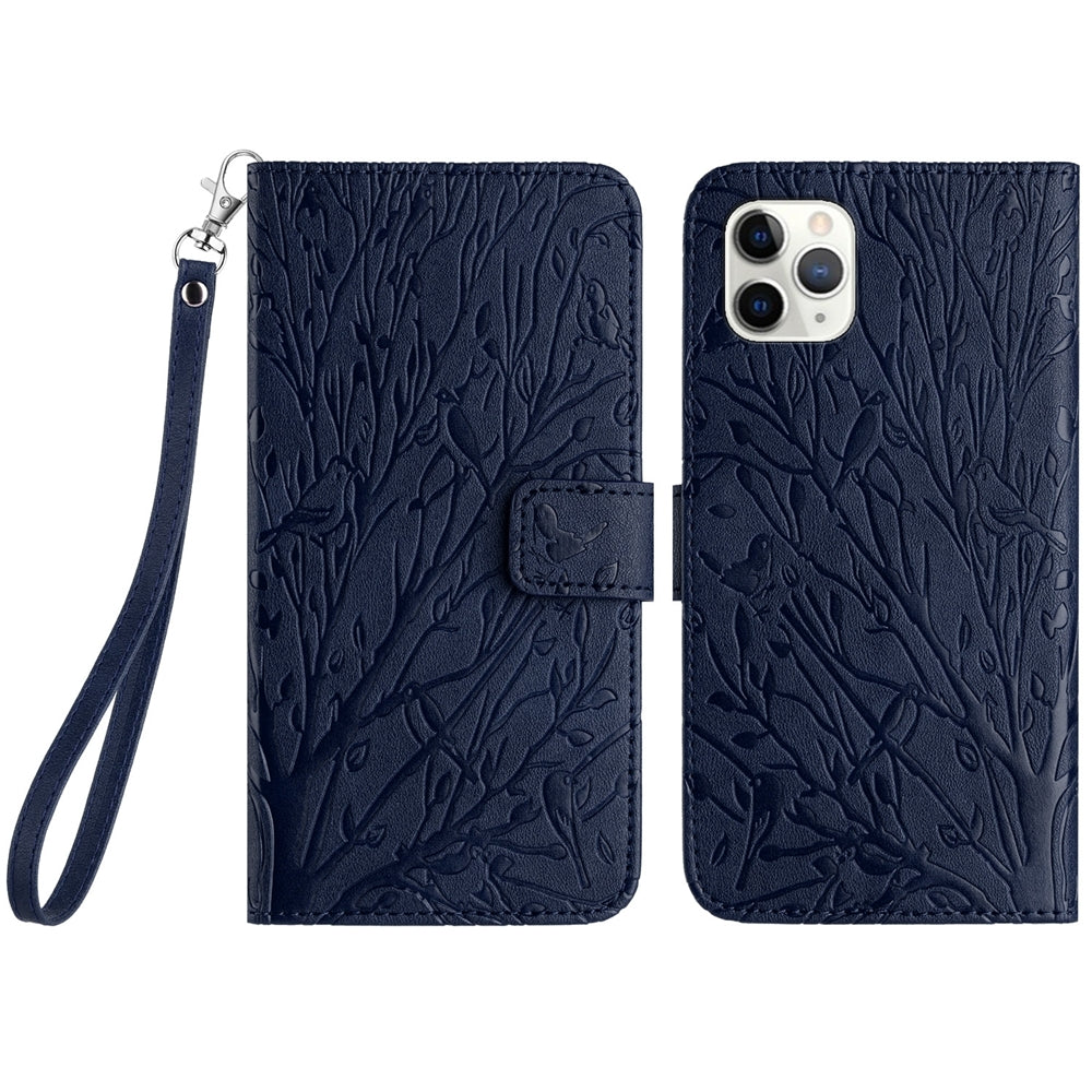 iPhone 11 Pro Embossed Leather Phone Case with Tree Birds Pattern, Hand Strap, Card Holder & Adjustable Stand - Shockproof Wallet Cover