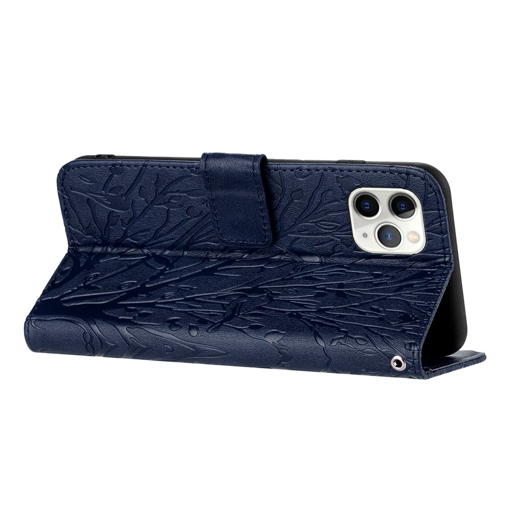 iPhone 11 Pro Embossed Leather Phone Case with Tree Birds Pattern, Hand Strap, Card Holder & Adjustable Stand - Shockproof Wallet Cover