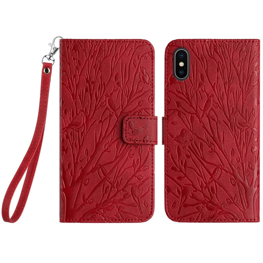iPhone X/XS Embossed Leather Phone Case with Tree Birds Pattern, Hand Strap, Card Holder & Adjustable Stand - Shockproof Wallet Cover
