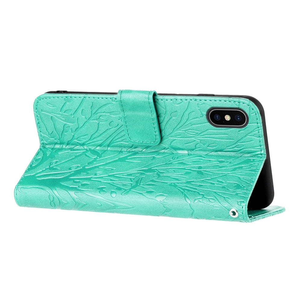 iPhone X/XS Embossed Leather Phone Case with Tree Birds Pattern, Hand Strap, Card Holder & Adjustable Stand - Shockproof Wallet Cover