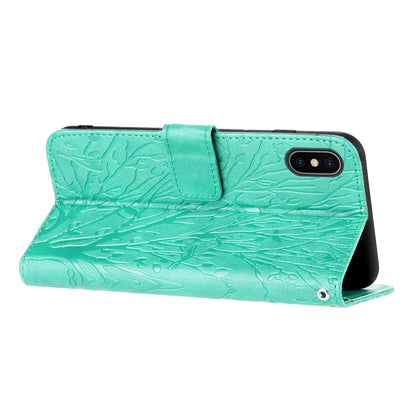 iPhone X/XS Embossed Leather Phone Case with Tree Birds Pattern, Hand Strap, Card Holder & Adjustable Stand - Shockproof Wallet Cover