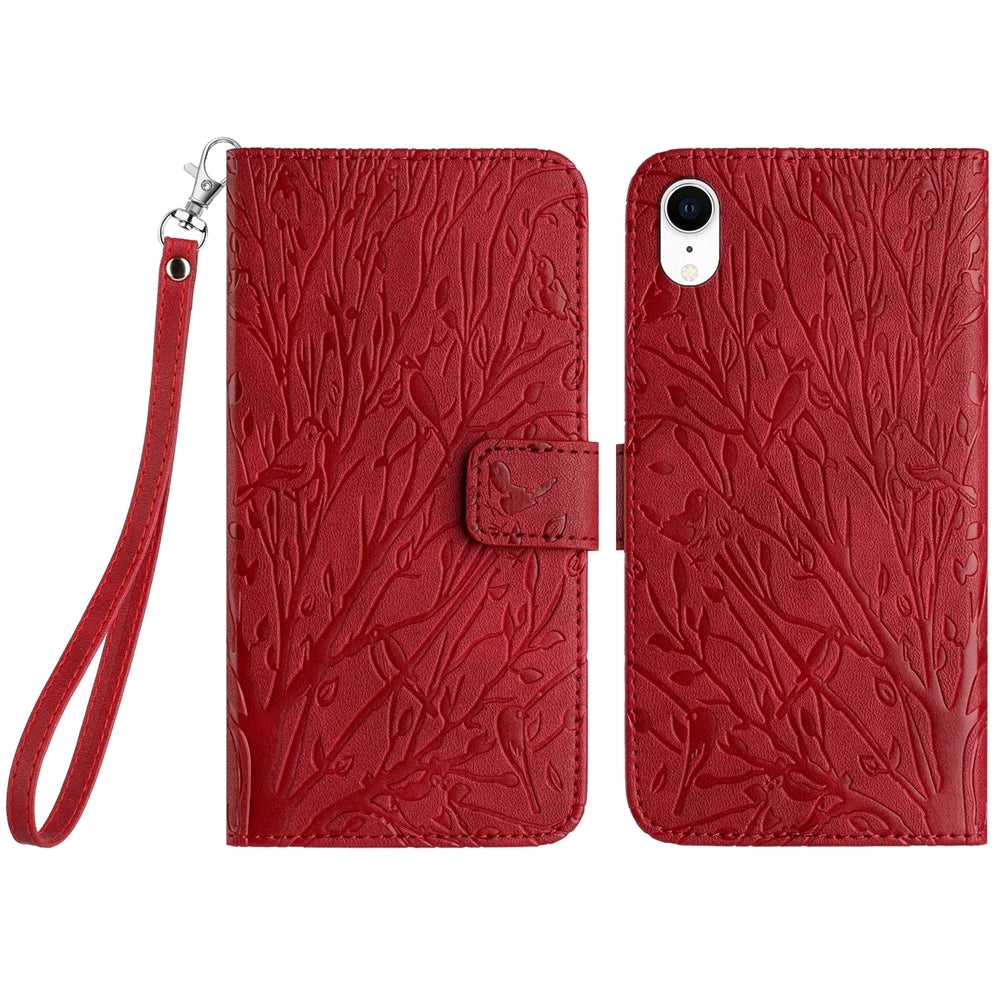 iPhone XR Embossed Leather Phone Case with Tree Birds Pattern, Hand Strap, Card Holder & Adjustable Stand - Shockproof Wallet Cover