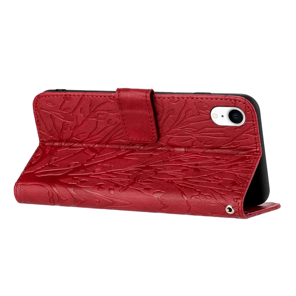 iPhone XR Embossed Leather Phone Case with Tree Birds Pattern, Hand Strap, Card Holder & Adjustable Stand - Shockproof Wallet Cover