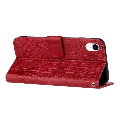 iPhone XR Embossed Leather Phone Case with Tree Birds Pattern, Hand Strap, Card Holder & Adjustable Stand - Shockproof Wallet Cover