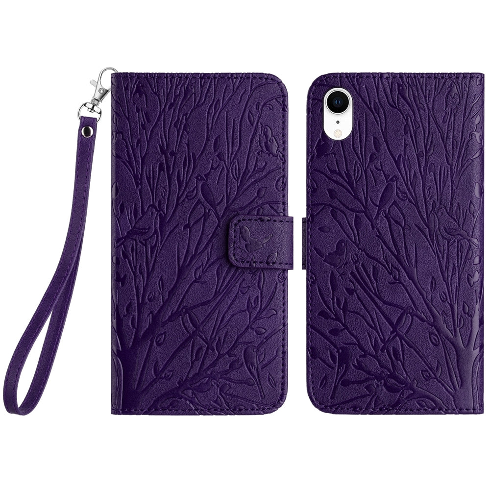 iPhone XR Embossed Leather Phone Case with Tree Birds Pattern, Hand Strap, Card Holder & Adjustable Stand - Shockproof Wallet Cover
