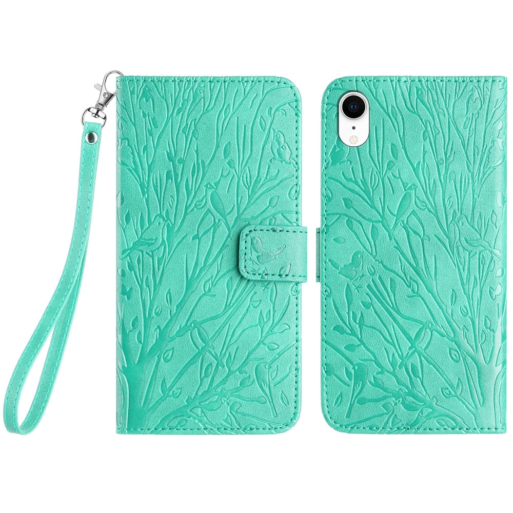 iPhone XR Embossed Leather Phone Case with Tree Birds Pattern, Hand Strap, Card Holder & Adjustable Stand - Shockproof Wallet Cover
