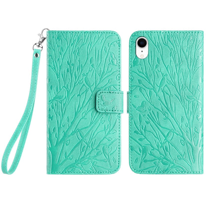 iPhone XR Embossed Leather Phone Case with Tree Birds Pattern, Hand Strap, Card Holder & Adjustable Stand - Shockproof Wallet Cover