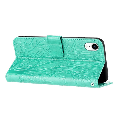 iPhone XR Embossed Leather Phone Case with Tree Birds Pattern, Hand Strap, Card Holder & Adjustable Stand - Shockproof Wallet Cover