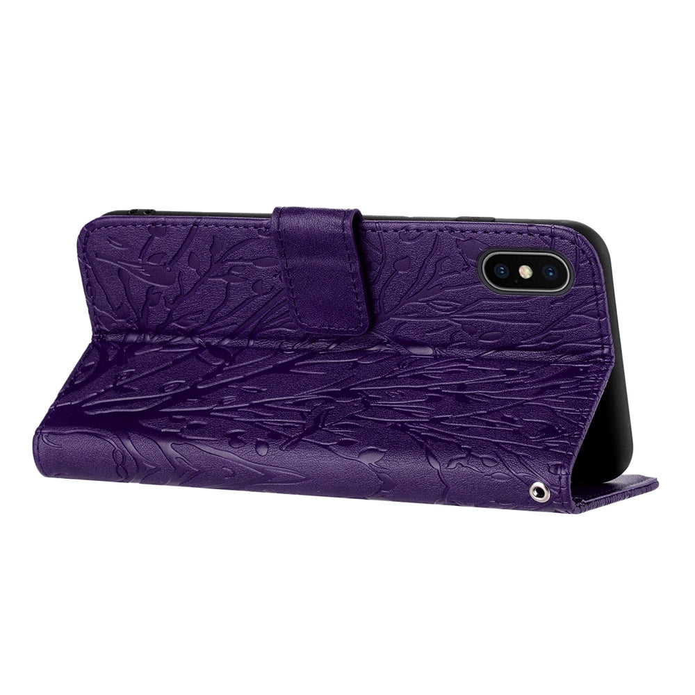 iPhone XS Max Embossed Leather Phone Case with Tree Birds Pattern, Hand Strap, Card Holder & Adjustable Stand - Shockproof Wallet Cover
