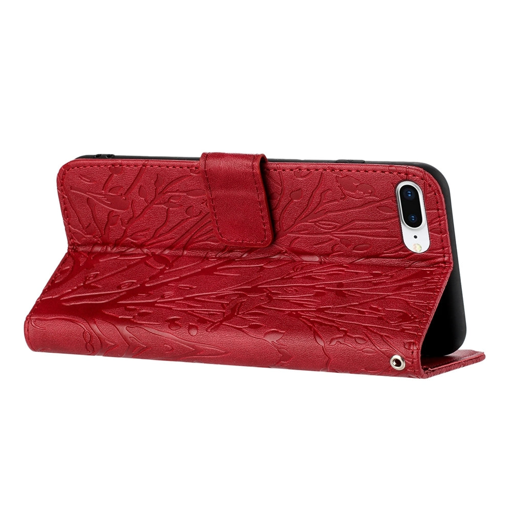 iPhone 6 Plus Embossed Leather Phone Case with Tree Birds Pattern, Hand Strap, Card Holder & Adjustable Stand - Shockproof Wallet Cover