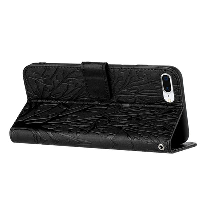 iPhone 8 Plus Embossed Leather Phone Case with Tree Birds Pattern, Hand Strap, Card Holder & Adjustable Stand - Shockproof Wallet Cover