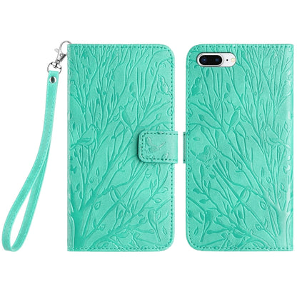 iPhone 8 Plus Embossed Leather Phone Case with Tree Birds Pattern, Hand Strap, Card Holder & Adjustable Stand - Shockproof Wallet Cover