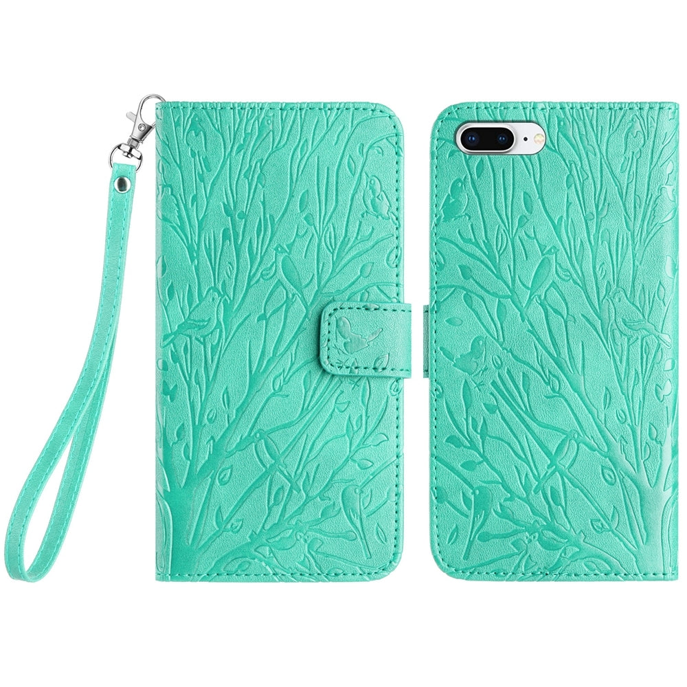 iPhone 7 Plus Embossed Leather Phone Case with Tree Birds Pattern, Hand Strap, Card Holder & Adjustable Stand - Shockproof Wallet Cover