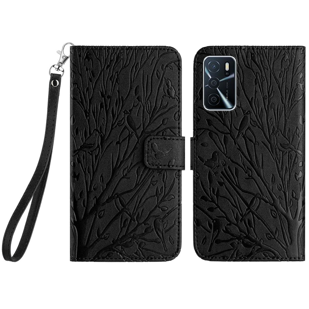 OPPO A16 Embossed Leather Phone Case with Tree Birds Pattern, Hand Strap, Card Holder & Adjustable Stand - Shockproof Wallet Cover