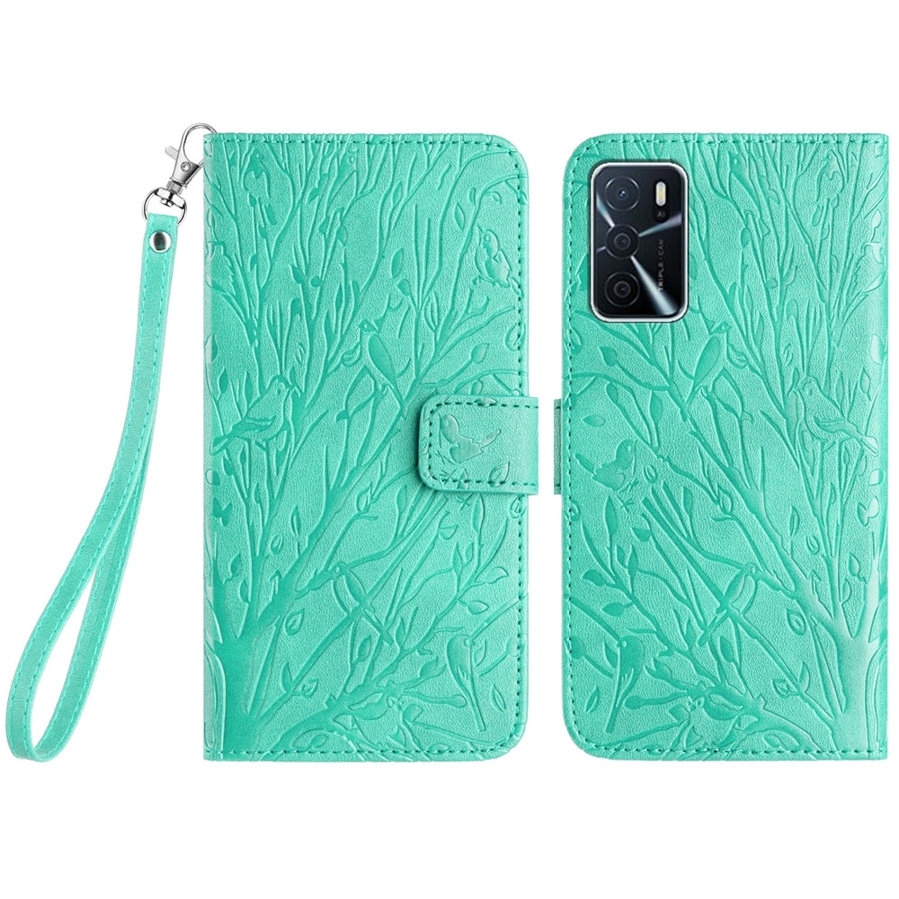 OPPO A16 Embossed Leather Phone Case with Tree Birds Pattern, Hand Strap, Card Holder & Adjustable Stand - Shockproof Wallet Cover