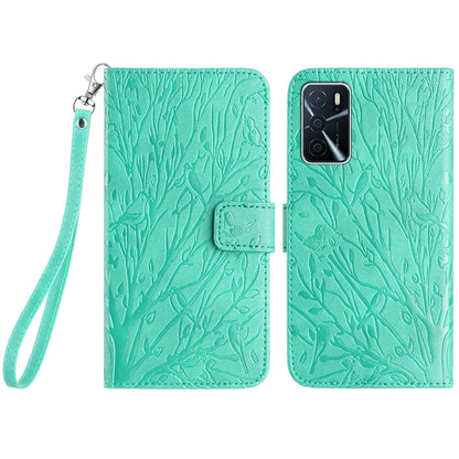OPPO A16 Embossed Leather Phone Case with Tree Birds Pattern, Hand Strap, Card Holder & Adjustable Stand - Shockproof Wallet Cover