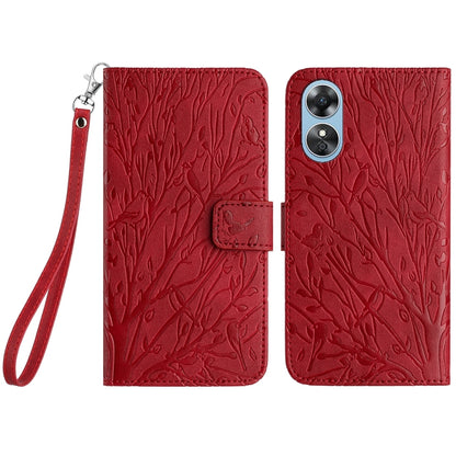 OPPO A17 Embossed Leather Phone Case with Tree Birds Pattern, Hand Strap, Card Holder & Adjustable Stand - Shockproof Wallet Cover