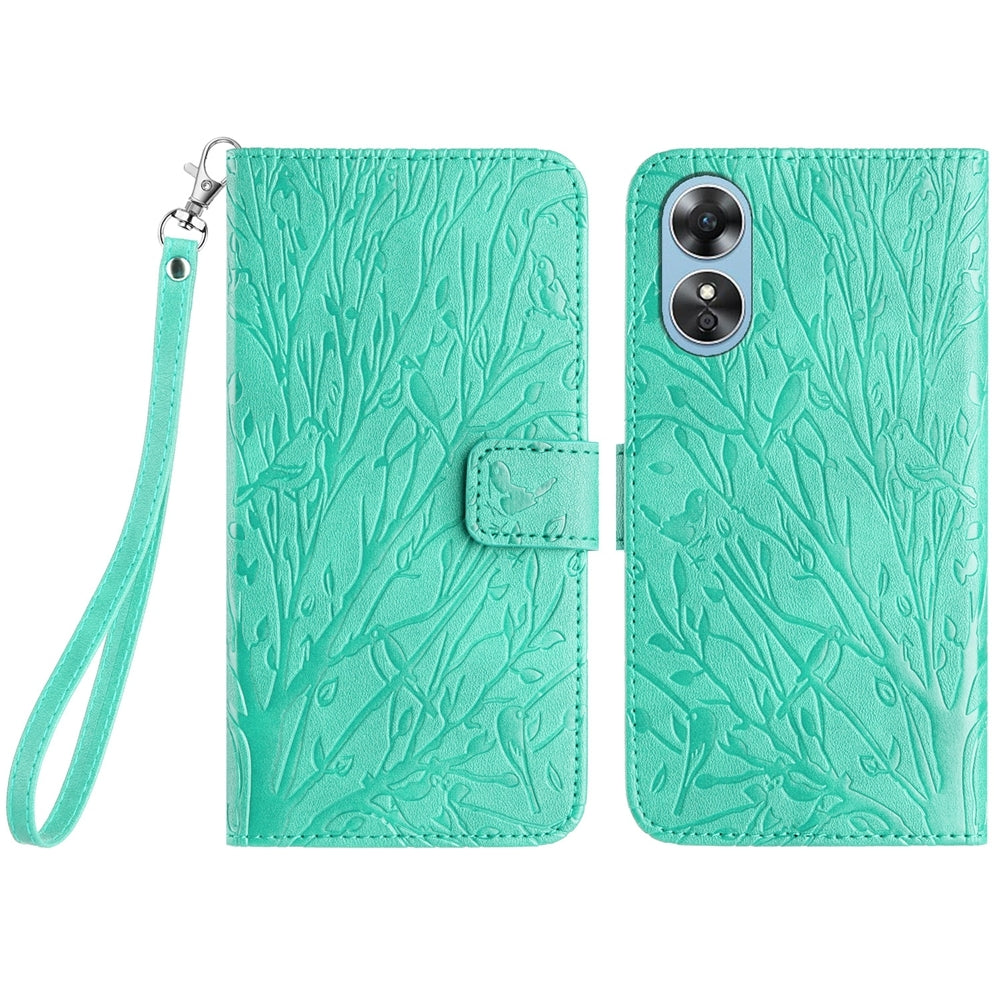 OPPO A17 Embossed Leather Phone Case with Tree Birds Pattern, Hand Strap, Card Holder & Adjustable Stand - Shockproof Wallet Cover