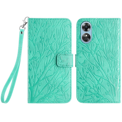 OPPO A17 Embossed Leather Phone Case with Tree Birds Pattern, Hand Strap, Card Holder & Adjustable Stand - Shockproof Wallet Cover