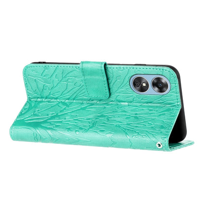 OPPO A17 Embossed Leather Phone Case with Tree Birds Pattern, Hand Strap, Card Holder & Adjustable Stand - Shockproof Wallet Cover