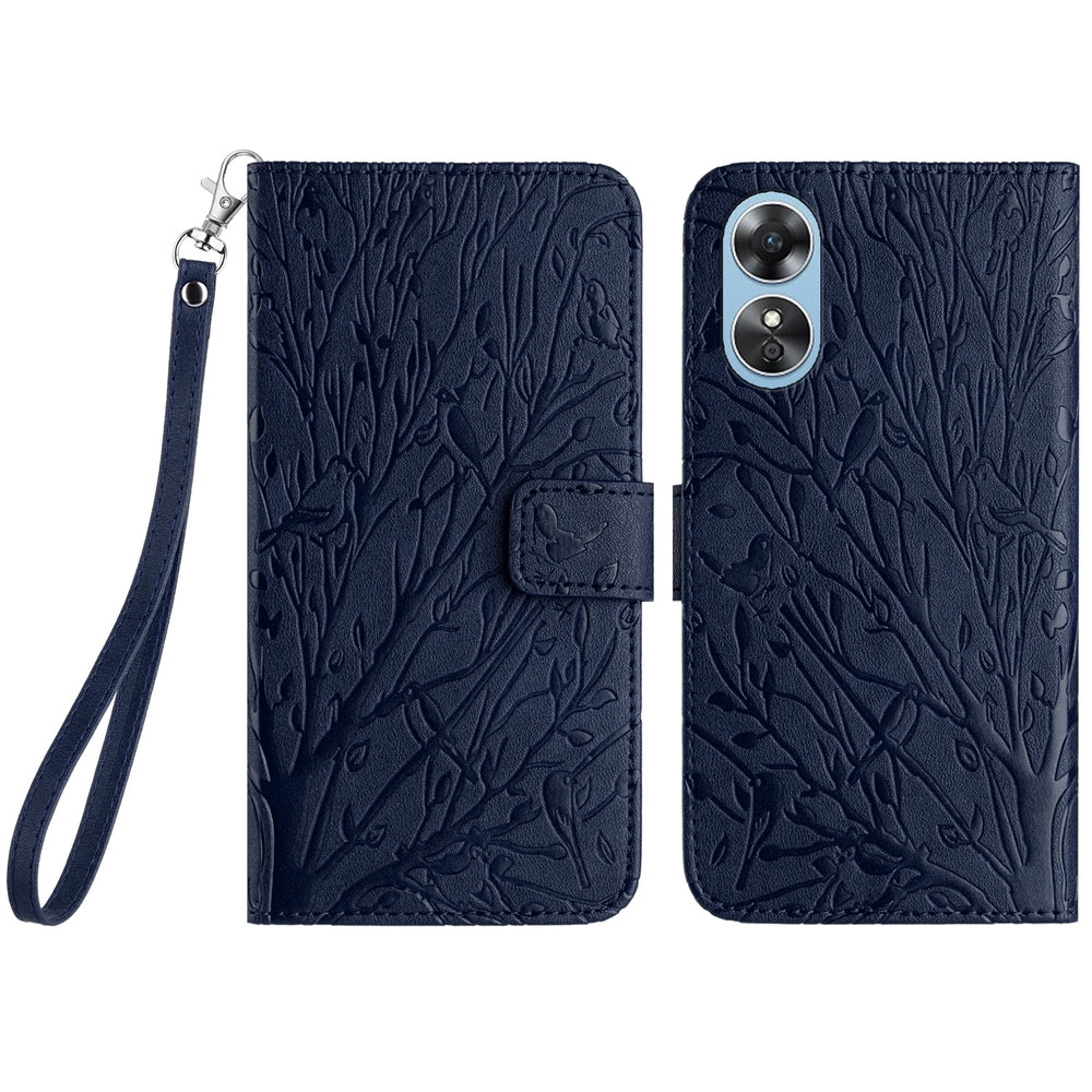 OPPO A17 Embossed Leather Phone Case with Tree Birds Pattern, Hand Strap, Card Holder & Adjustable Stand - Shockproof Wallet Cover