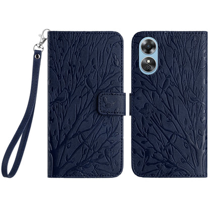 OPPO A17 Embossed Leather Phone Case with Tree Birds Pattern, Hand Strap, Card Holder & Adjustable Stand - Shockproof Wallet Cover