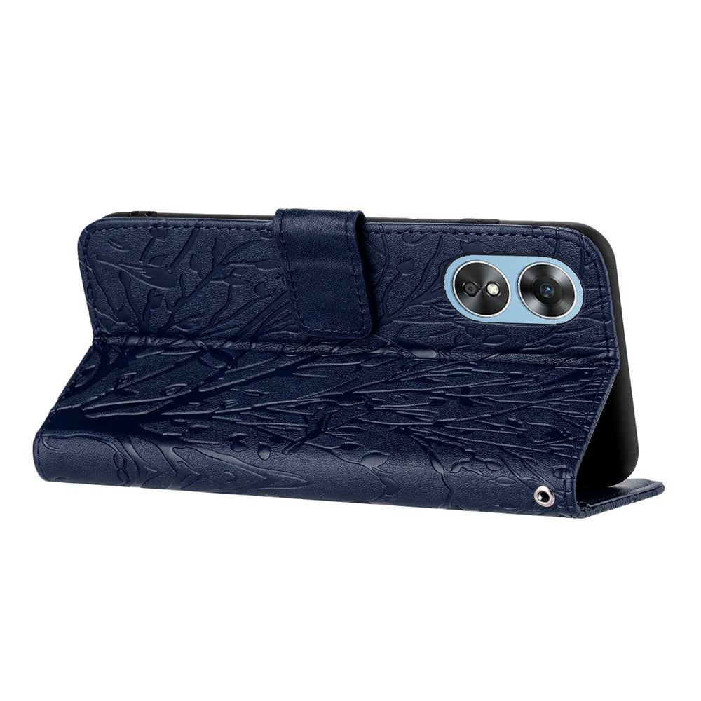 OPPO A17 Embossed Leather Phone Case with Tree Birds Pattern, Hand Strap, Card Holder & Adjustable Stand - Shockproof Wallet Cover