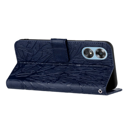 OPPO A17 Embossed Leather Phone Case with Tree Birds Pattern, Hand Strap, Card Holder & Adjustable Stand - Shockproof Wallet Cover