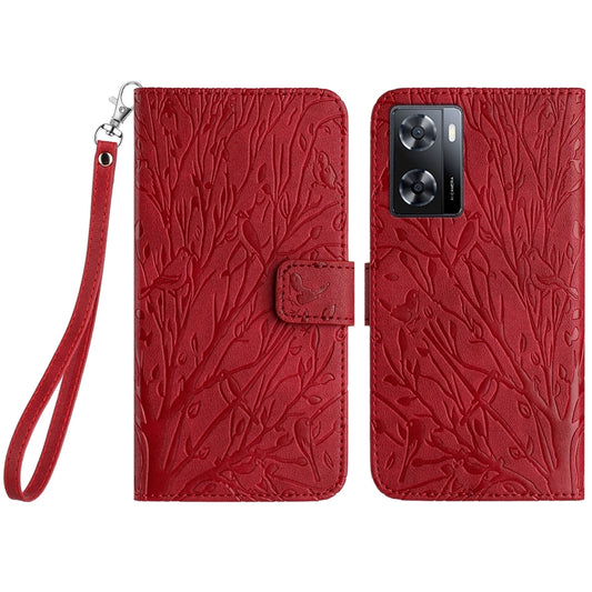 OPPO A57 4G 2022 Embossed Leather Phone Case with Tree Birds Pattern, Hand Strap, Card Holder & Adjustable Stand - Shockproof Wallet Cover
