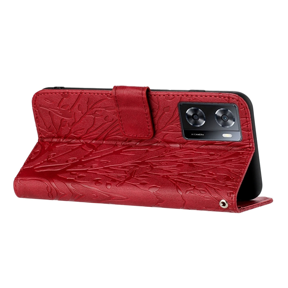 OPPO A57 4G 2022 Embossed Leather Phone Case with Tree Birds Pattern, Hand Strap, Card Holder & Adjustable Stand - Shockproof Wallet Cover