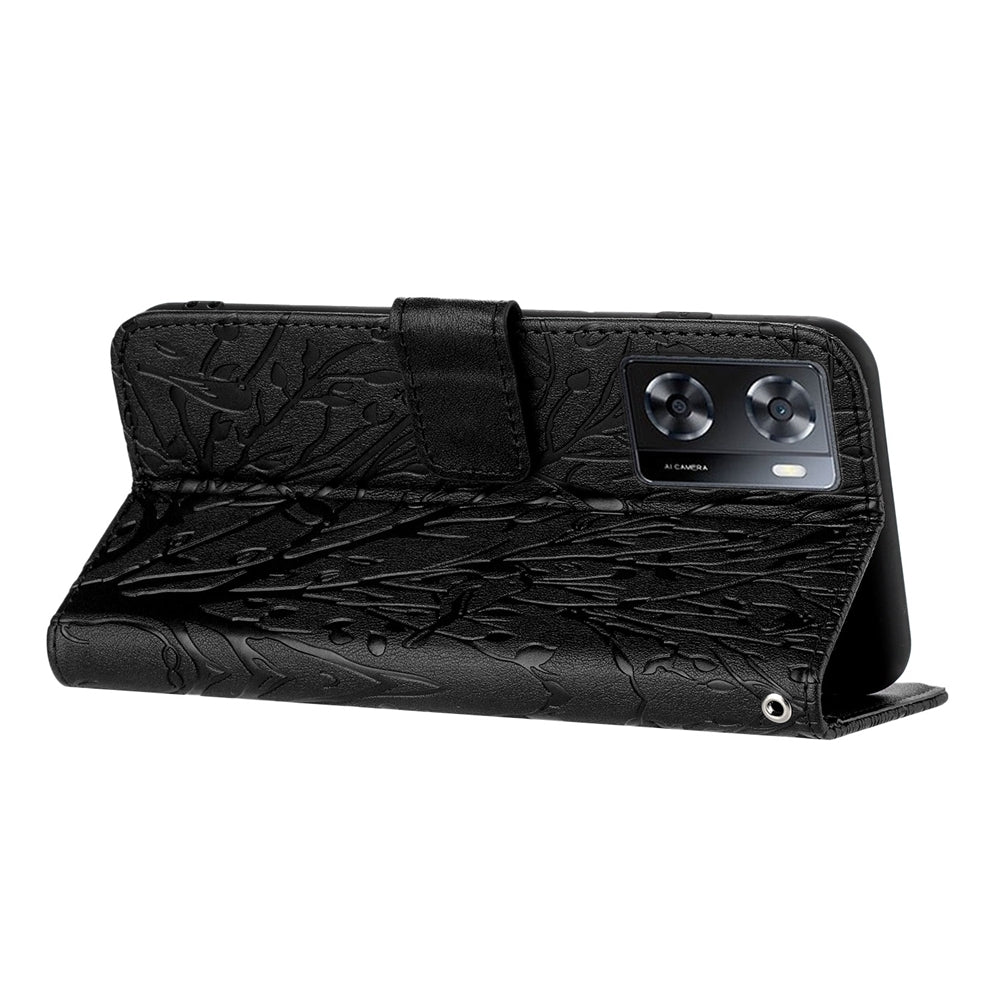 OPPO A57 4G 2022 Embossed Leather Phone Case with Tree Birds Pattern, Hand Strap, Card Holder & Adjustable Stand - Shockproof Wallet Cover