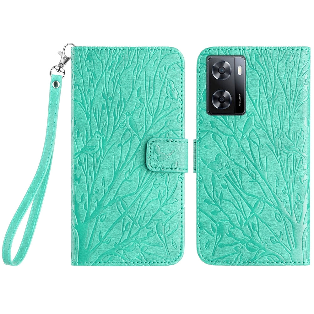 OPPO A57 4G 2022 Embossed Leather Phone Case with Tree Birds Pattern, Hand Strap, Card Holder & Adjustable Stand - Shockproof Wallet Cover