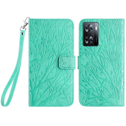 OPPO A57 4G 2022 Embossed Leather Phone Case with Tree Birds Pattern, Hand Strap, Card Holder & Adjustable Stand - Shockproof Wallet Cover
