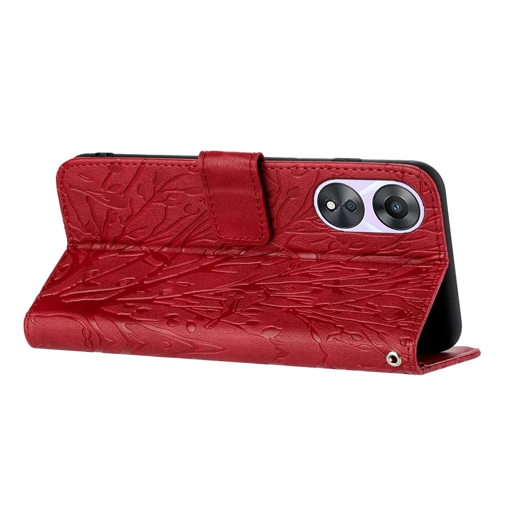 OPPO A58 Embossed Leather Phone Case with Tree Birds Pattern, Hand Strap, Card Holder & Adjustable Stand - Shockproof Wallet Cover