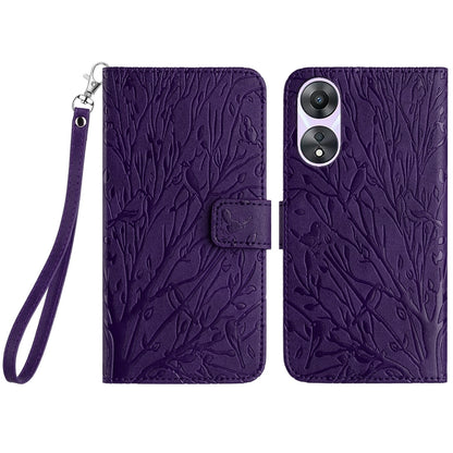 OPPO A58 Embossed Leather Phone Case with Tree Birds Pattern, Hand Strap, Card Holder & Adjustable Stand - Shockproof Wallet Cover