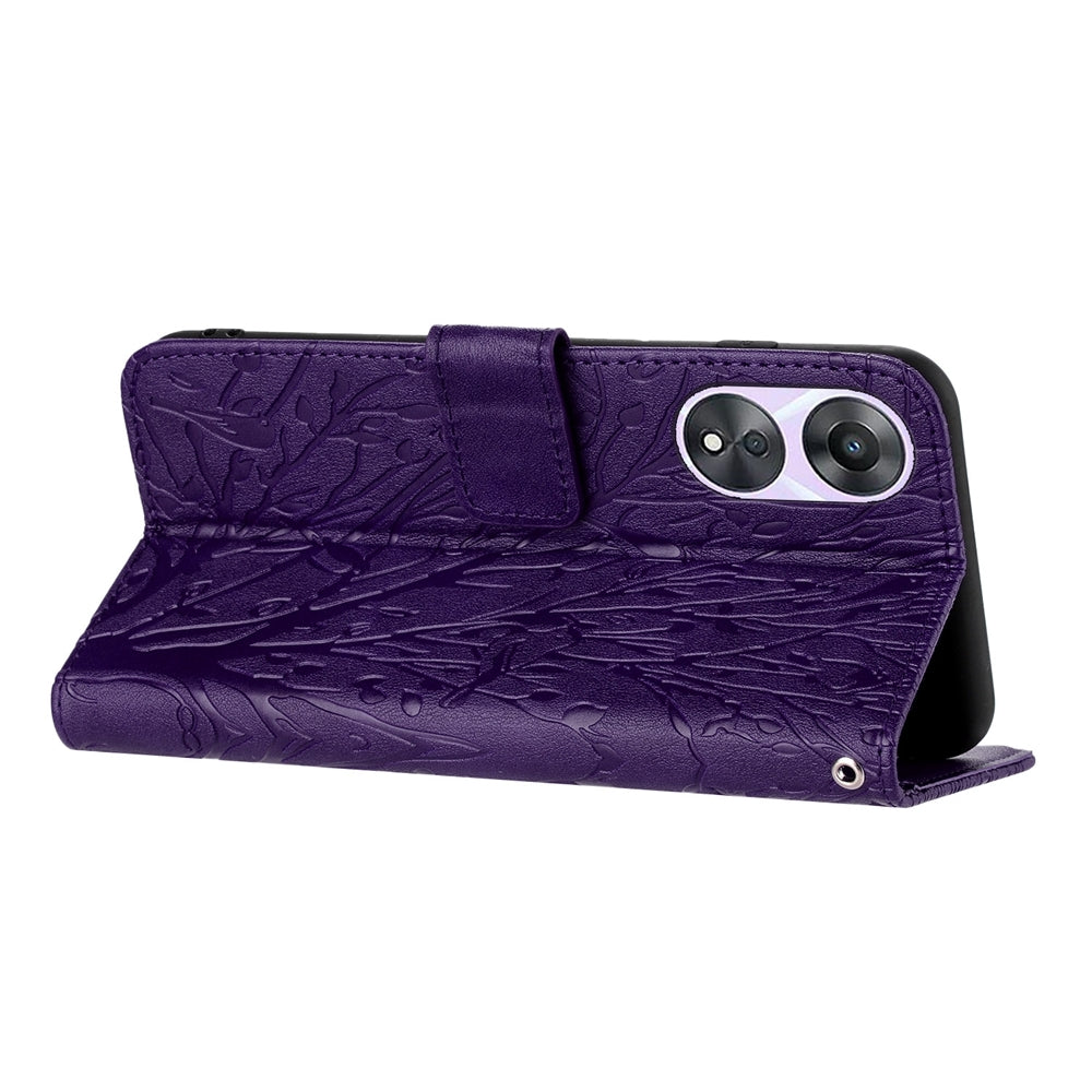 OPPO A78 Embossed Leather Phone Case with Tree Birds Pattern, Hand Strap, Card Holder & Adjustable Stand - Shockproof Wallet Cover