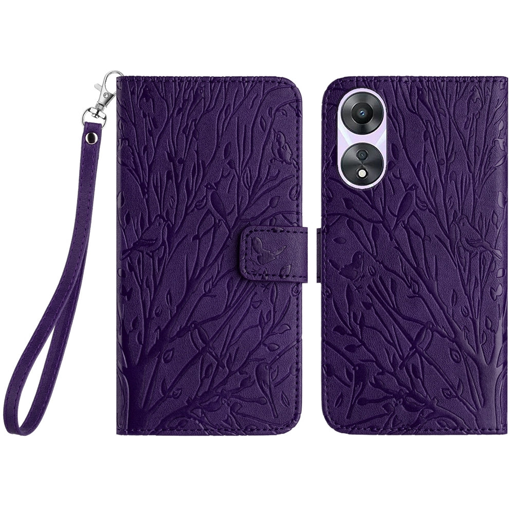 OPPO A78 Embossed Leather Phone Case with Tree Birds Pattern, Hand Strap, Card Holder & Adjustable Stand - Shockproof Wallet Cover