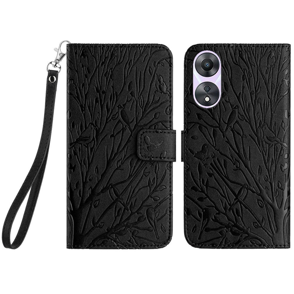 OPPO A58 Embossed Leather Phone Case with Tree Birds Pattern, Hand Strap, Card Holder & Adjustable Stand - Shockproof Wallet Cover