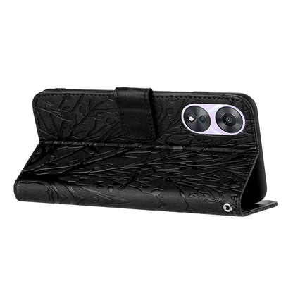 OPPO A58 Embossed Leather Phone Case with Tree Birds Pattern, Hand Strap, Card Holder & Adjustable Stand - Shockproof Wallet Cover