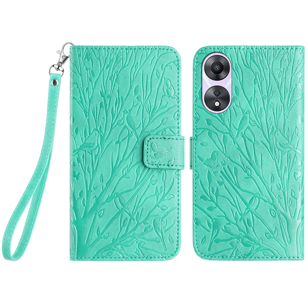 OPPO A58 Embossed Leather Phone Case with Tree Birds Pattern, Hand Strap, Card Holder & Adjustable Stand - Shockproof Wallet Cover