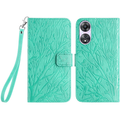 OPPO A78 Embossed Leather Phone Case with Tree Birds Pattern, Hand Strap, Card Holder & Adjustable Stand - Shockproof Wallet Cover