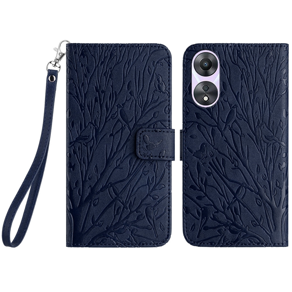 OPPO A58 Embossed Leather Phone Case with Tree Birds Pattern, Hand Strap, Card Holder & Adjustable Stand - Shockproof Wallet Cover