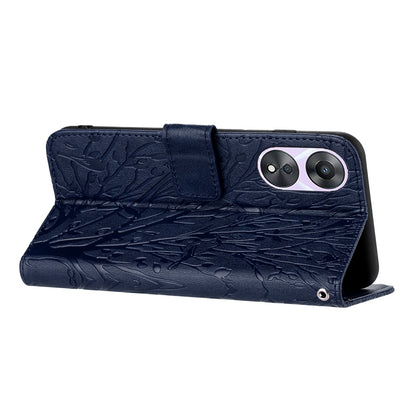 OPPO A78 Embossed Leather Phone Case with Tree Birds Pattern, Hand Strap, Card Holder & Adjustable Stand - Shockproof Wallet Cover