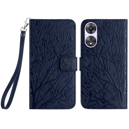 OPPO A78 Embossed Leather Phone Case with Tree Birds Pattern, Hand Strap, Card Holder & Adjustable Stand - Shockproof Wallet Cover