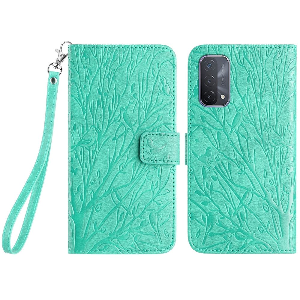 OPPO A93 5G Embossed Leather Phone Case with Tree Birds Pattern, Hand Strap, Card Holder & Adjustable Stand - Shockproof Wallet Cover
