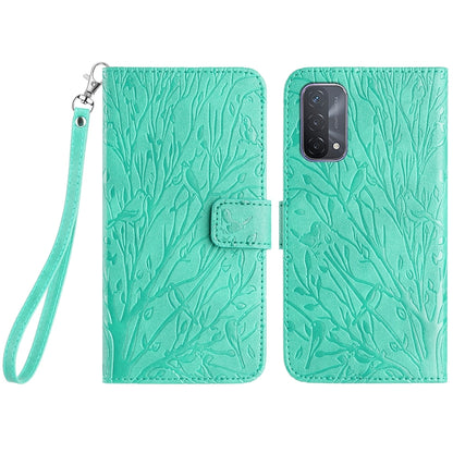 OPPO A93 5G Embossed Leather Phone Case with Tree Birds Pattern, Hand Strap, Card Holder & Adjustable Stand - Shockproof Wallet Cover