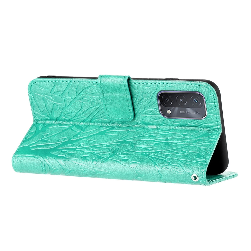 OPPO A93 5G Embossed Leather Phone Case with Tree Birds Pattern, Hand Strap, Card Holder & Adjustable Stand - Shockproof Wallet Cover