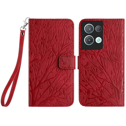 OPPO Reno8 Pro Embossed Leather Phone Case with Tree Birds Pattern, Hand Strap, Card Holder & Adjustable Stand - Shockproof Wallet Cover